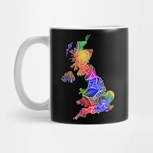 Colorful mandala art map of United Kingdom with text in multicolor pattern Mug